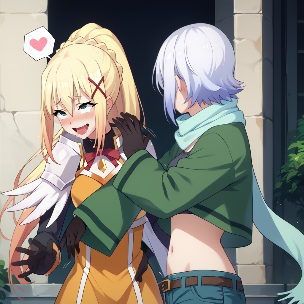 score_9, score_8_up, score_7_up, score_6_up, score_5_up, score_4_up, source_anime, slapping, motion lines, motion blur, 2girls, upper body, shiny skin, detailed highlights, shiny, extremely detailed official art, ADDCOMM aroused, happy, detailed face, ///, blush, ahegao, heart, (spoken heart:1.2), drool, darkness \(konosuba\), long hair, green eyes, blonde hair, x hair ornament, ponytail, braid, bodysuit, shoulder armor, armored dress, orange dress, black glove ADDCOL eris, short hair, white hair, black gloves, shorts, belt, scarf, <lora:WillSmithSlappingMeme_pdxl_Incrs_v1:1.1:lbw=XALL:stop=15><lora:Darkness_konosuba_V2:0.8><lora:konosuba-eris-s1s2-ponyxl-lora-nochekaiser:0.9><lora:add-detail-xl:0.65>