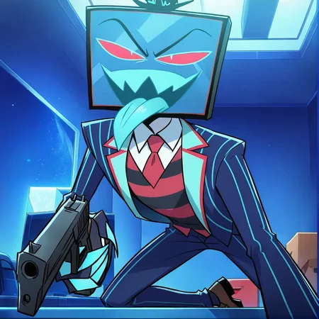 <lora:Vox:1>,vox,solo,male focus,1boy,masterpiece, handgun, blue tongue