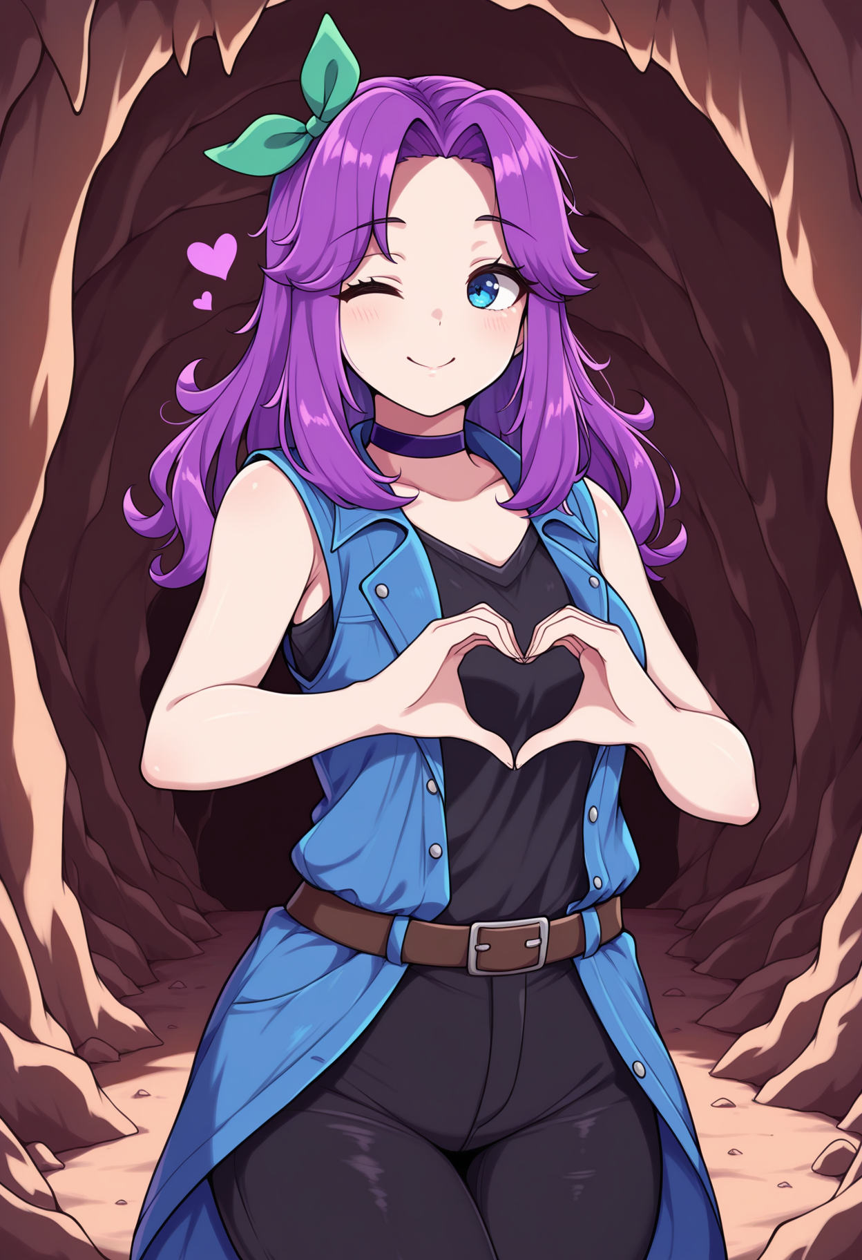 masterpiece, best quality, <lora:NSAbigailStardew:1> NSAbigailBase, blue eyes, purple hair, long hair, parted bangs, hair bow, green bow, purple choker, blue jacet, open jacket, sleeveless, black shirt, black pants, belt, heart hands, one eye closed, cave, indoors