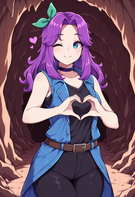 masterpiece, best quality, <lora:NSAbigailStardew:1> NSAbigailBase, blue eyes, purple hair, long hair, parted bangs, hair bow, green bow, purple choker, blue jacet, open jacket, sleeveless, black shirt, black pants, belt, heart hands, one eye closed, cave, indoors