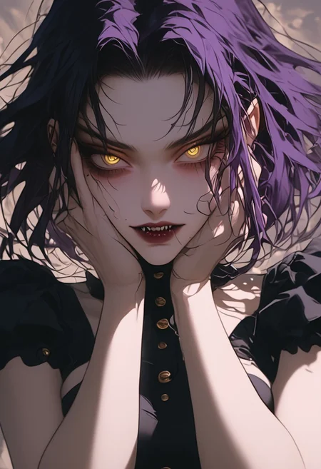 <lora:Autumn Dark Academia Ponyv1.2:1>,4utumnD4rk4cademia, (masterpiece, soft lines), hair between eyes, young lady, medium breasts, black hair, purple inner colored hair, slicked back hair, yellow eyes, slanted eyes, mole under eye, sharp teeth maid outfit