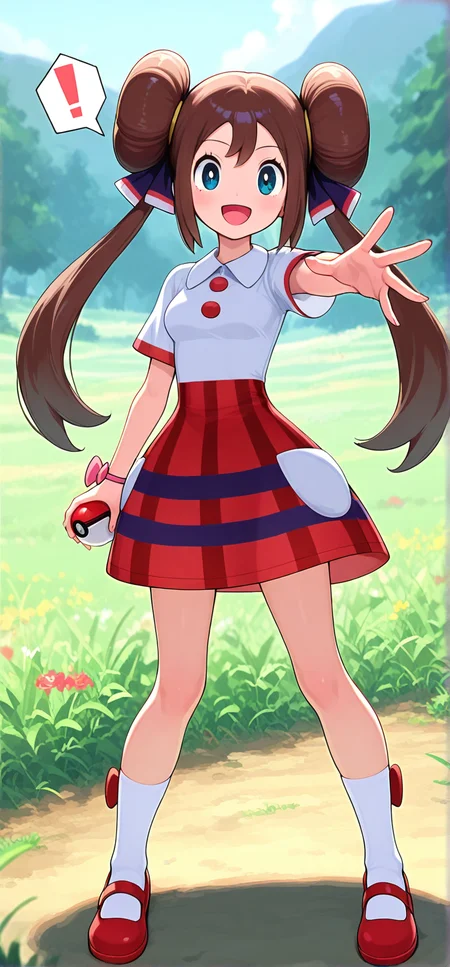 2d, masterpiece, best quality, amazing quality, 1girl, solo, close-up, standing, open mouth, smile, exclamation mark, stretched arm, full body,holding pokeball, looking at viewer, meadow, day,rosalnb,[rosa_\(pokemon\)],brown_hair,blue_eyes,hair_ribbon,double_bun,twintails,dress,collared_shirt,white_shirt,red_skirt,multicolored_clothes,short_sleeves,red_buttons,white_pockets,pink_bracelet,ribbon_bracelet,knees,white_socks,red_footwear,mary_janes