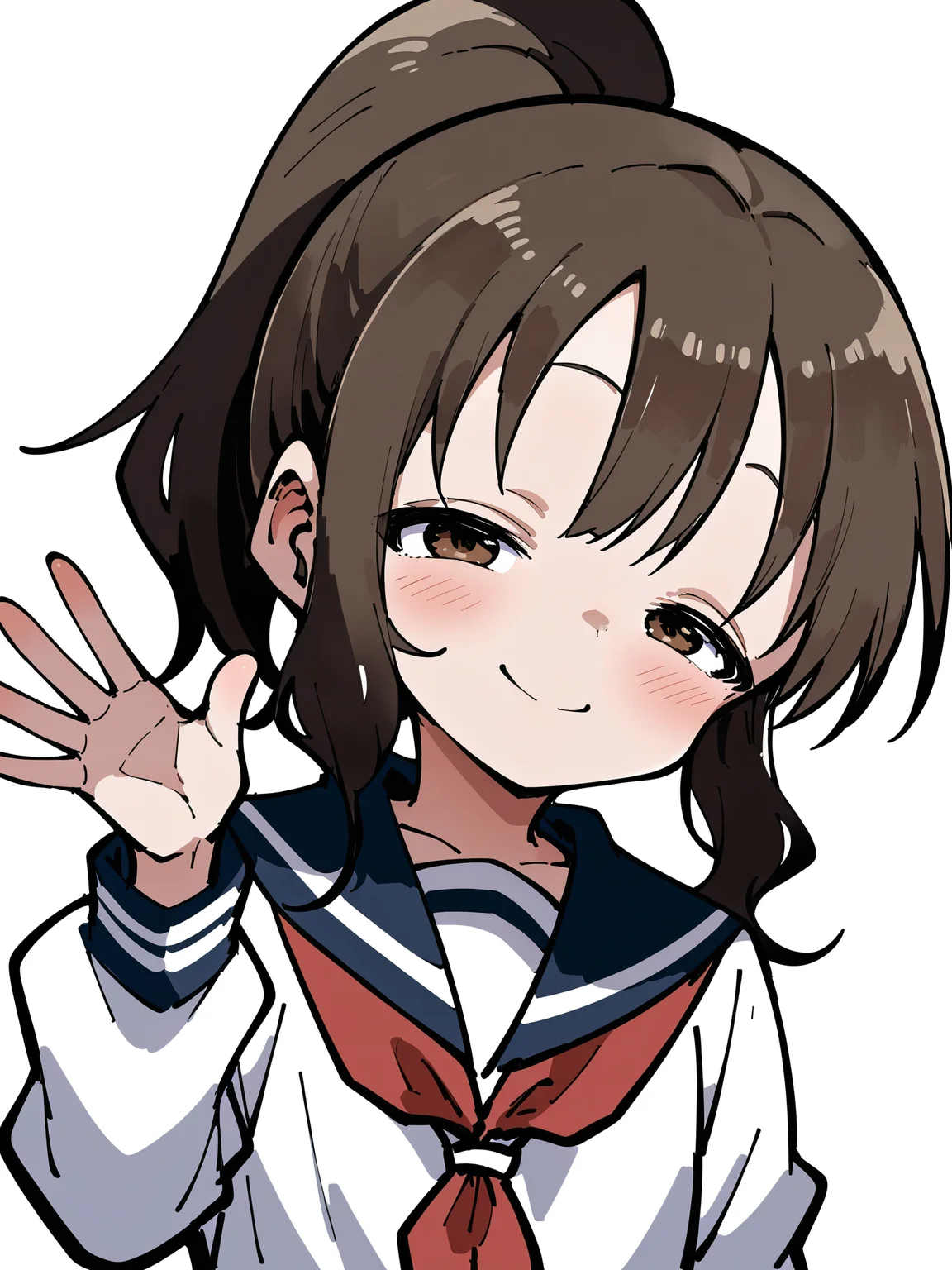 score_9,score_8_up,score_7_up,score_anime,front view,
looking_at_viewer,waving,1girl,<lora:Takagawa-Sumire_v2:0.8>,
Takagawa Sumire,high ponytail,brown hair,bangs,sidelocks,flat chest,brown eyes,narrowed eyes,closed mouth,seductive_smile,light_blush,
school_uniform,blue sailor,red_neckerchief,white_shirt,long_sleeves,white_background,