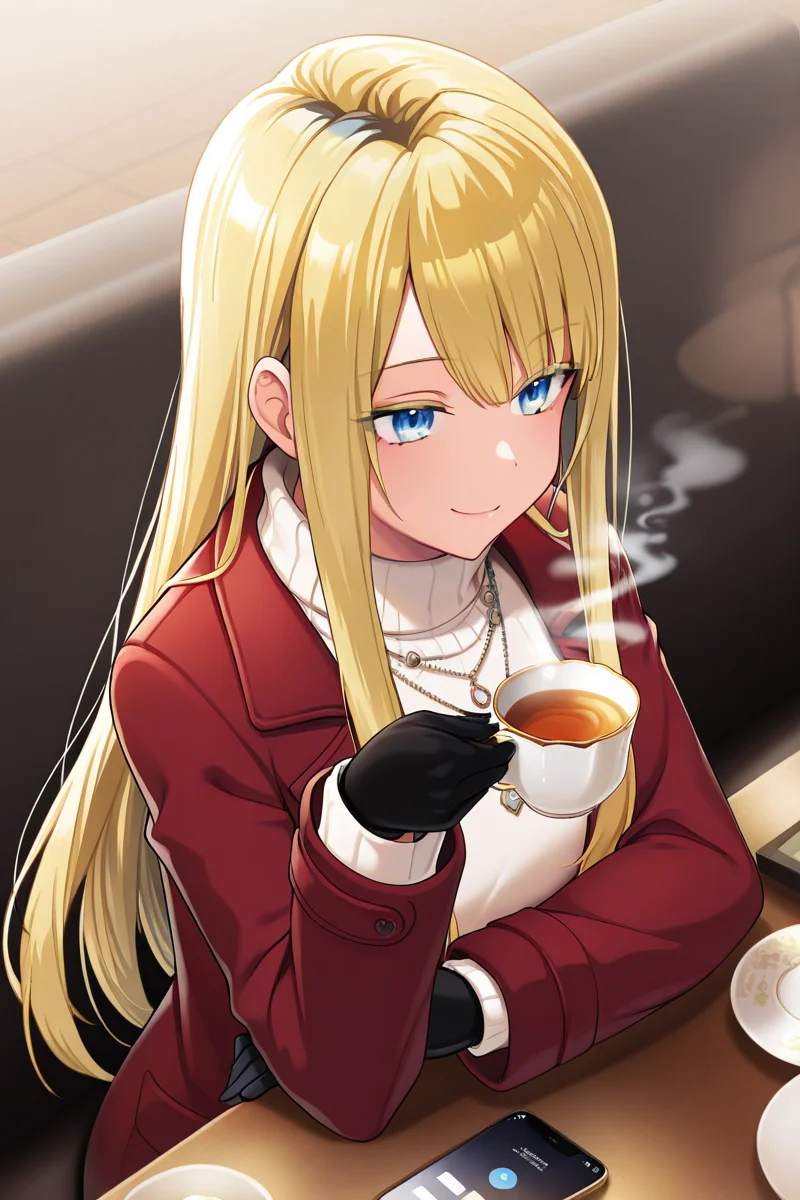 masterpiece, best quality, amazing quality,
<lora:Neo_IL:1> neo, 1girl, long hair, cup, solo, blonde hair, gloves, sweater, smile, black gloves, necklace, jewelry, turtleneck sweater, red coat, blue eyes, table, turtleneck, holding, sitting, steam, teacup, phone, bangs, holding cup, white sweater, jacket, casual