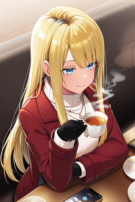 masterpiece, best quality, amazing quality,
<lora:Neo_IL:1> neo, 1girl, long hair, cup, solo, blonde hair, gloves, sweater, smile, black gloves, necklace, jewelry, turtleneck sweater, red coat, blue eyes, table, turtleneck, holding, sitting, steam, teacup, phone, bangs, holding cup, white sweater, jacket, casual