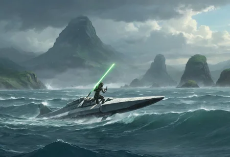 star-wars style spaceship, a (solo:1.5) black white lizard in (star wars armor) katana sword on belt (cockpit instruments view:1.5) (ocean:0.5) (waves:0.5), in the middle of sea,
dawn, heavy rain, wind, windy, typhoon, hurricane, tropical storm, fog, mountain, sky, cloud, deluge, rainforest,
scenic background, epic landscape, scenery artwork, beautiful concept art, cinematic, (anime:1.5) , anime screencap in mnst artstyle, (soft focus),full body character portrait landscape, <lora:AddDetail:1.6>,