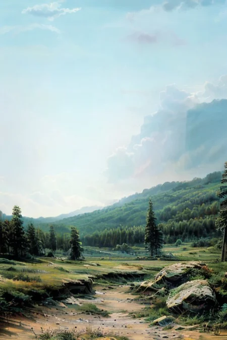extremely detailed, karelian forest on shore big lake, rocks and cliffs on shores, water as mirror, day, shihing, white clouds, mountain, horizon, mountainous horizon, day, sky, cloud, epic landscapes, show a mystical terrain,