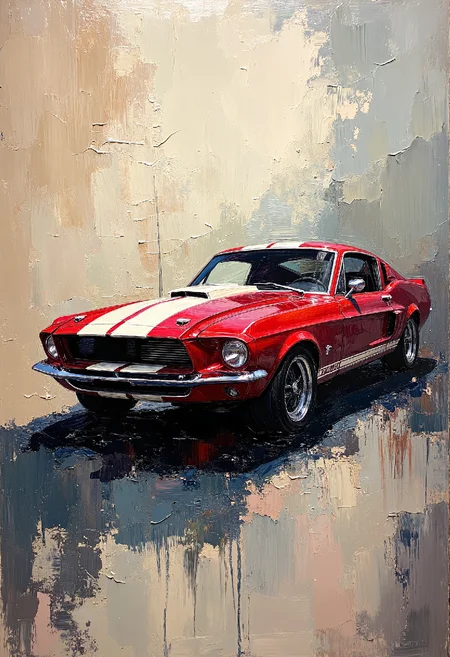 Luminescent Impasto painting of a 1967 Ford Mustang Shelby GT500, thickly applied oil paint capturing the car's iconic lines, bold brushstrokes emphasizing the muscular curves, vibrant red body with white racing stripes, set against a textured background with visible canvas.