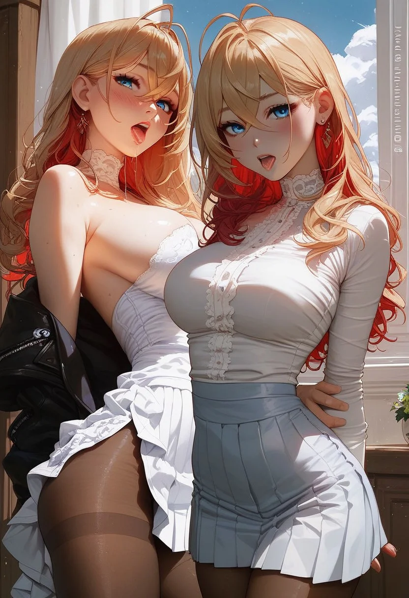 score_9, score_8_up, score_7_up, score_6_up, score_5_up, score_4_up, medium long hair, antenna hair, anime style, (solo), petite, athletic, lace choker, female, partial nudity, sexy attire, sexual situations, pantyhose, multicolored hairs, blonde hair, red hair, butt, long hair, breasts, blue eyes, breasts, crossed bangs, looking at viewer, blush, deep skin, thighs gap, shiny, clothes, black brown shiny pantyhose, tightband pantyhose, slim body, large breasts, aesthetic body, elegant, pleated skirt, black jacket, arms behind back, open mouth, tongue out, saliva, Expressiveh