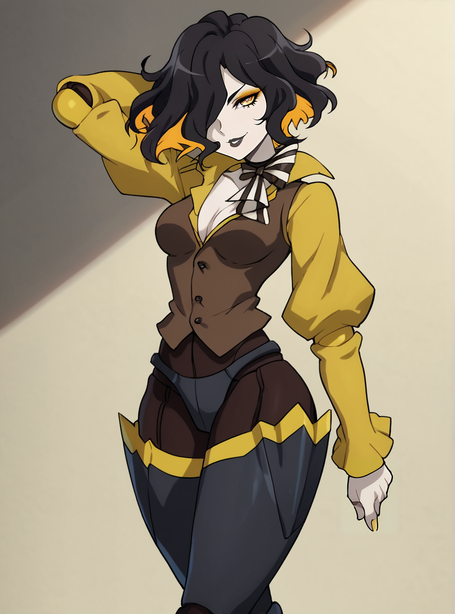 score_9, score_8_up, score_7_up, score_6_up, score_5_up, score_4_up source_anime, anime screencap, <lora:leiurdarahim:0.8>leiurdarahim, 1girl, solo, multicolored hair, black lips, hair over one eye, black hair, makeup, two-tone hair, short hair, yellow eyes, joints, lipstick, doll joints,thick thighs, thick arms, smirk, upper body,