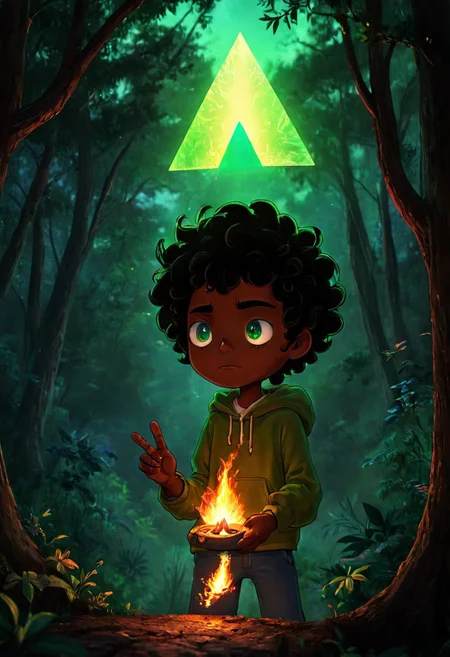 max (camp camp), dark fantasy theme, rainbow colored silhouette outline against a dark background,max (camp camp), 1boy, solo, human, male focus, curly black hair, curly tousled black hair, afro, dark skin, dark-skinned male,  large eyes, round eyes, green eyes,small nose, triangular nose, pointed nose, beautiful forest horror, anime, magical fantasy, plasma pattern, dark lights
,epic, cinematic colors, masterpiece, detailmaximizer, midjourneyv6.1