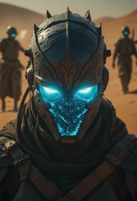 A hyper-detailed, faded close-up of the eye area of a radiant armored Elysium Scout soldier tactical high collar Jacket in the midst of an epic desert battle. His helmet is intricately adorned with sharp ridges and glowing blueish slits for eyes, appearing like burning fractures in the metal. The focus is razor-sharp on the glowing eyes, while the rest fades into a blend of light refractions and soft blur effects. Dust particles swirl through the air, caught in the blinding desert light.