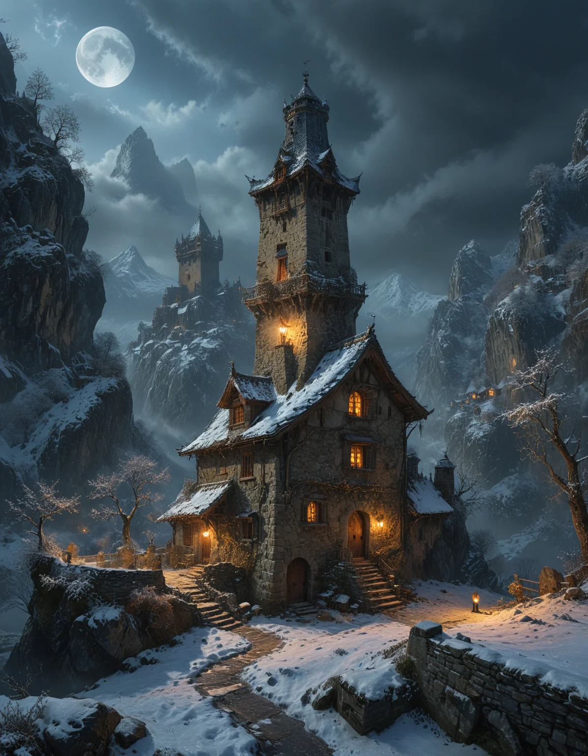 detailed scene, tall ancient stone tower rising majestically amidst a snowy mountainous landscape, the tower is illuminated by a full moon, casting a glow on its weathered stone and snow-covered roof, Surrounding the tower rugged mountains loom in the background, their peaks shrouded in mist and bathed in moonlight. A small quaint cottage with glowing windows nestles beside the tower, smoke curling from its chimney, Bats flutter around the tower, haunting atmosphere, twisted trees and a snow-covered path led to the entrance of the tower, mysterious, wintry world, <lora:MJ52:0.3>, <lora:SDXLFaeTastic2400:0.3>, <lora:detailed_notrigger:0.7>, <lora:add-detail-xl:1>, <lora:xl_more_art-full_v1:0.5>, <lora:Into_Darkness:0.3>