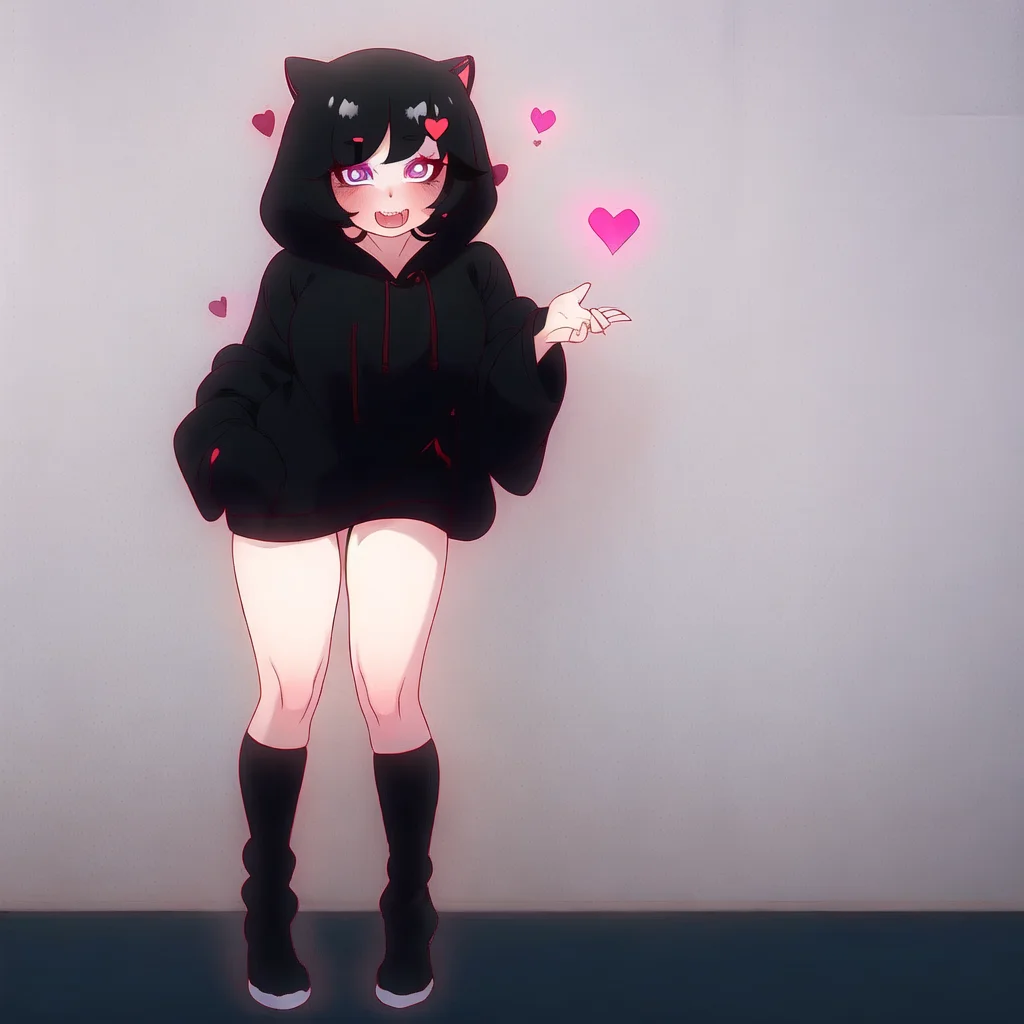 manyakis art style, a masterpiece cartoon of a girl posing, masterpiece, best quality, studio quality, full body, black hair, heart pupils, hoodie,