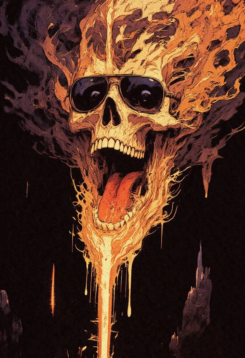 Illustration in the style of cksc of a floating skull wearing sunglasses. It's centered, yelling while on fire and suspended in a void.