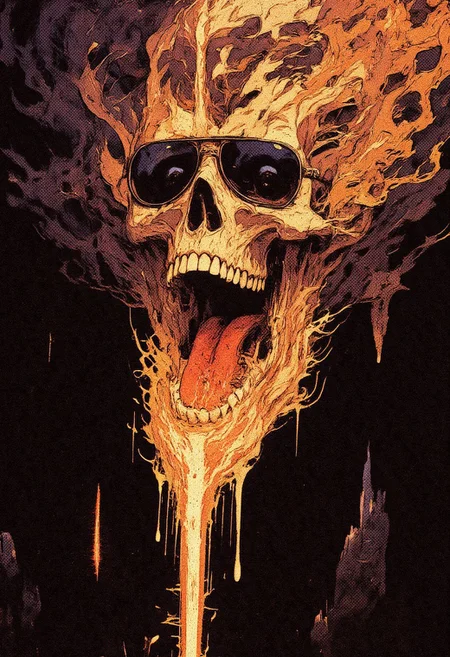 Illustration in the style of cksc of a floating skull wearing sunglasses. It's centered, yelling while on fire and suspended in a void.