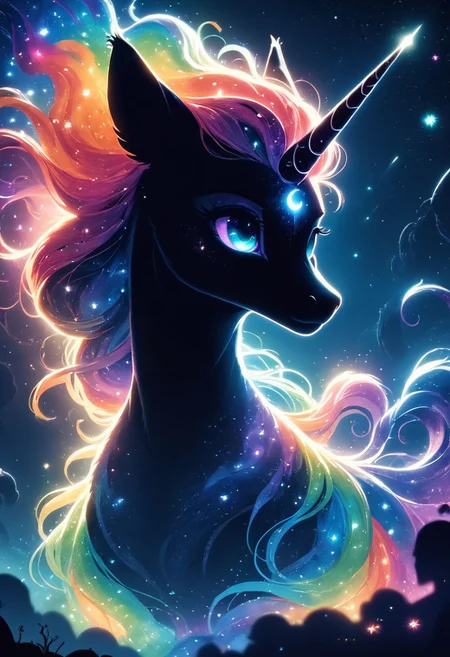 score_9,score_8_up,score_7_up,score_6_up,score_5_up,score_4_up, cosmic, galaxy, rainbow colors,backlight colors,silhouette colors, glittering, glimmering, upper body,ethereal,silhouette,backlighting,glowing,dreamy,twinkling night sky,starry,bright colors,high contrast,vivid lighting,<lora:PonySpiritAnimals:0.7>,