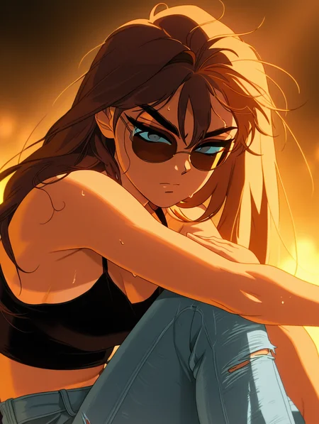 wiegevivinos, hyunawiege, adult, 1girl, solo, sweat, grey eyes, sweat, blurry background, warm light, serious expression, tan skin, long hair, brown hair, hair againts the wind, brown retro sunglasses, golden hue, black singlet, ripped jeans, pose, head_tilt, knee_up, sitting