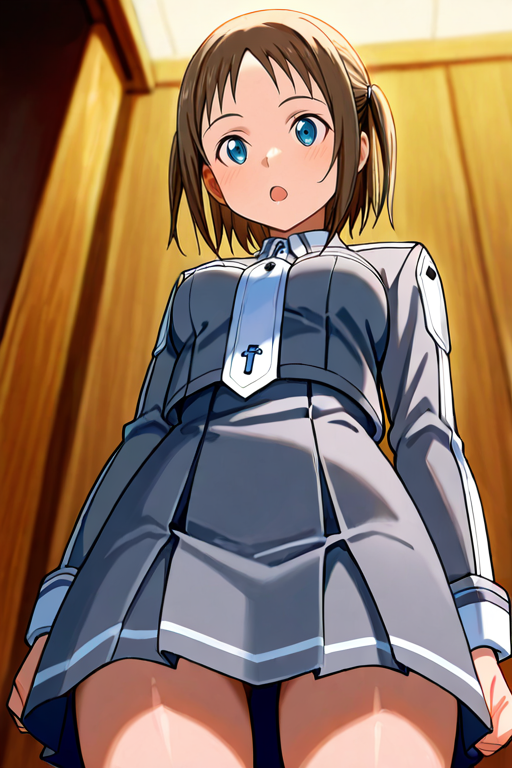 masterpiece, High quality, Ultra detailed, 2d, newest, absurdres, highres, BREAK
1girl, solo, <lora:ronye_arabel:0.8>, ronye_arabel_(sword_art_online), short hair, brown hair, two side up, blue eyes, 
medium breasts, ronyeDef, long sleeves, school uniform, grey jacket, necktie, grey skirt, pleated skirt, 
from below, surprised,
