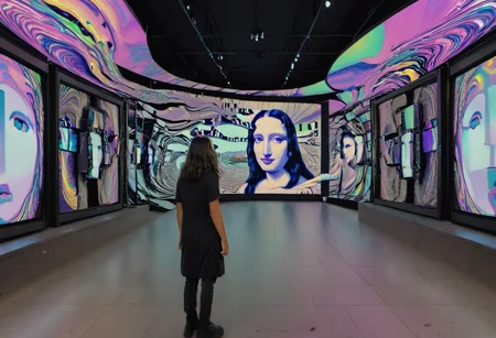 The Mona Lisa, displayed in the warped timelines of an enigmatic glitch spectre as he walks in paranoia through the busy streets of Tel Aviv