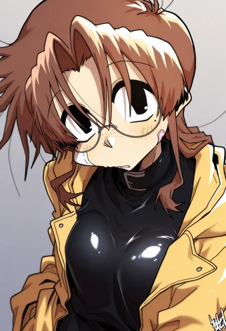 edkuroki, traditional media, highres, parted lips, looking at viewer, round eyewear, detailed face, freckles, red hair, brown hair, hair between eyes, mole under eye, oversized jacket, shiny clothes