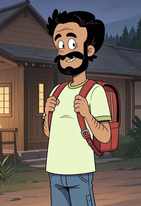 masterpiece, best quality, amazing quality, very aesthetic, absurdres, newest, high quality, detailed, ArturoSantiago, 1boy, solo male, human, mature male, black eyes, short black hair, facial hair, mustache, beard, tan skin, athletic build, green shirt, smiling, looking at viewer, blue jeans, half body, outdoors, backpack, cabin, volumetric lighting, daytime
