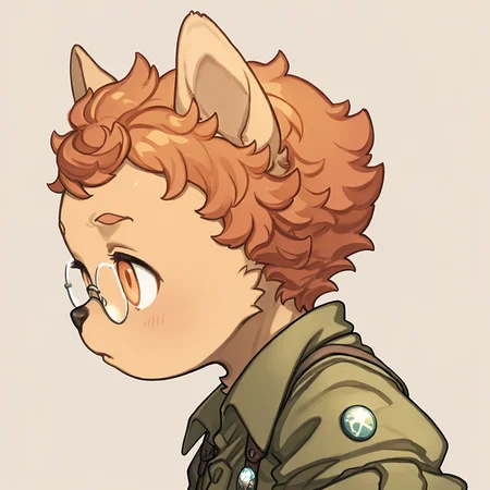 BREAK, <lora:Socks_Million_Illustrious_V1:1>, Socks Million, Fuga: Melodies of Steel, kemono, furry male, young male, 1boy, dog boy, cream fur, orange eyes, orange hair, black nose, animal ears, dog ears, pointy ears,
BREAK, Fuga 1 Outfit, suspenders, pins, green button-up, rolled up sleeves, glasses,
BREAK, solo, face focus, close-up, looking away, side view