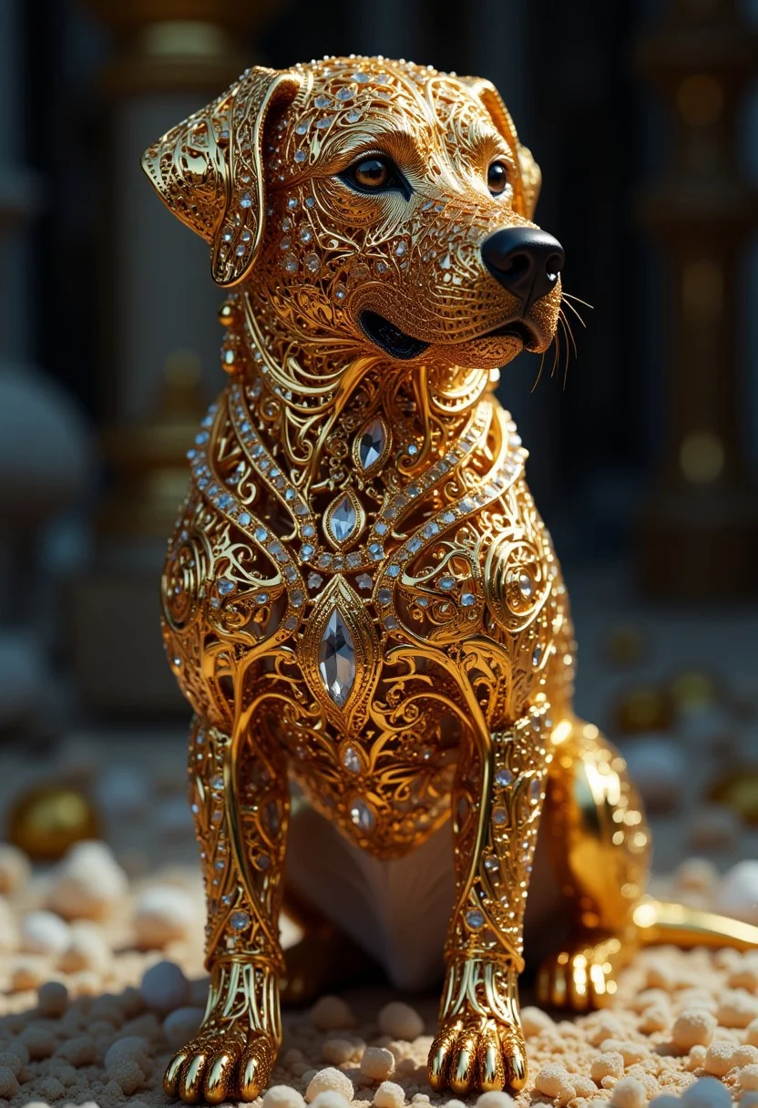 This is a high-resolution CGI artwork featuring a meticulously detailed, ornate statue of a dog, likely a Labrador retriever, rendered in an intricate, golden, filigree style. The statue is adorned with intricate patterns and textures, giving it a jewel-like appearance. The dog's body is covered in elaborate, swirling designs that resemble lace or filigree work, with a focus on its head, paws, and chest area.