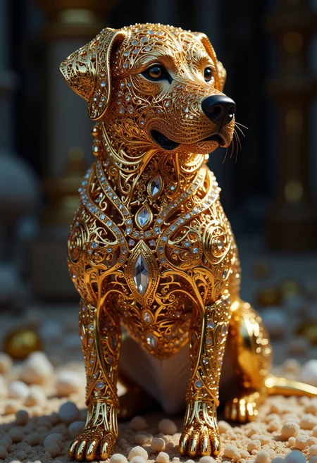This is a high-resolution CGI artwork featuring a meticulously detailed, ornate statue of a dog, likely a Labrador retriever, rendered in an intricate, golden, filigree style. The statue is adorned with intricate patterns and textures, giving it a jewel-like appearance. The dog's body is covered in elaborate, swirling designs that resemble lace or filigree work, with a focus on its head, paws, and chest area.