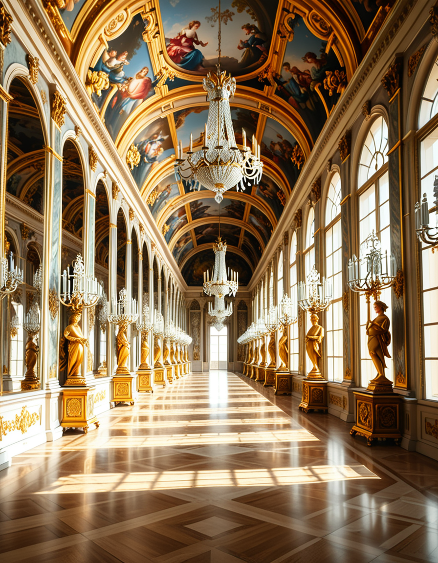 A breathtaking, photorealistic depiction of the Hall of Mirrors (Galerie des Glaces) at the Palace of Versailles in France, captured in golden afternoon light. The hall is grand and opulent, with a high arched ceiling painted with intricate Baroque frescoes. The walls are lined with tall arched mirrors on one side and large arched windows on the opposite side, flooding the space with natural light. Elegant crystal chandeliers hang from the ceiling, reflecting in the mirrors and sparkling with golden highlights. The marble floors are polished and gleaming, with rich, warm tones. Gilded statues and decorative elements frame the mirrors and doorways. The image style is ultra-detailed and photorealistic, with sharp textures and soft, warm lighting creating a majestic, timeless atmosphere. No people present, only the serene magnificence of the empty hall. Camera angle at eye level, centered down the hall, capturing the full length and symmetry of the space.
<lora:SDXLFaeTastic2400:0.4> <lora:extremely_detailed:0.4> extremely detailed,<lora:Hall_of_M1rr0rs:1>,Hall of M1rr0rs, Masterpiece,best quality,hi res,8k,hi res,8k,award winning,(sharp focus, intricate, highly detailed),