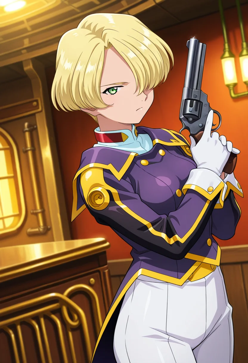 factory, sci-fi, indoor, steampunk environments, mist, blurry background,
serious, closed mouth, holding a handgun, holding a magnum revolver,
cowboy shot, dynamic angle,
BREAK,
<lora:tachibanamaria_illustriousXL_v01:0.9>
mariauni, blonde hair, hair over eye, short hair,
collar, buttons, coattails, collared jacket, double vertical stripe, mandarin collar, white pants, long sleeves, white gloves, purple jacket
tight pants, white pants, purple footwear,, source_anime, very aesthetic, anime coloring, masterpiece,
best quality, amazing quality, ultra detailed, very aesthetic,
detailed background,
BREAK,