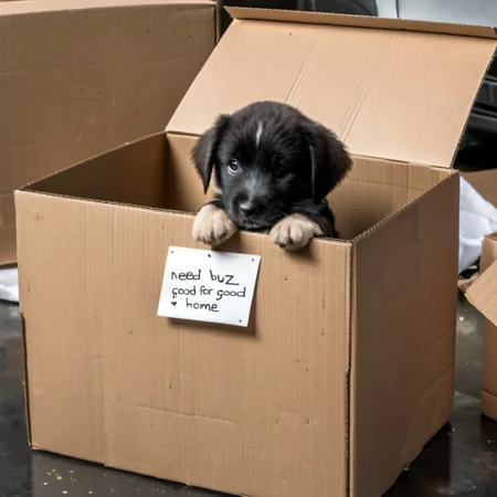 sad puppy in box with a sign saying "Need buz for good home"