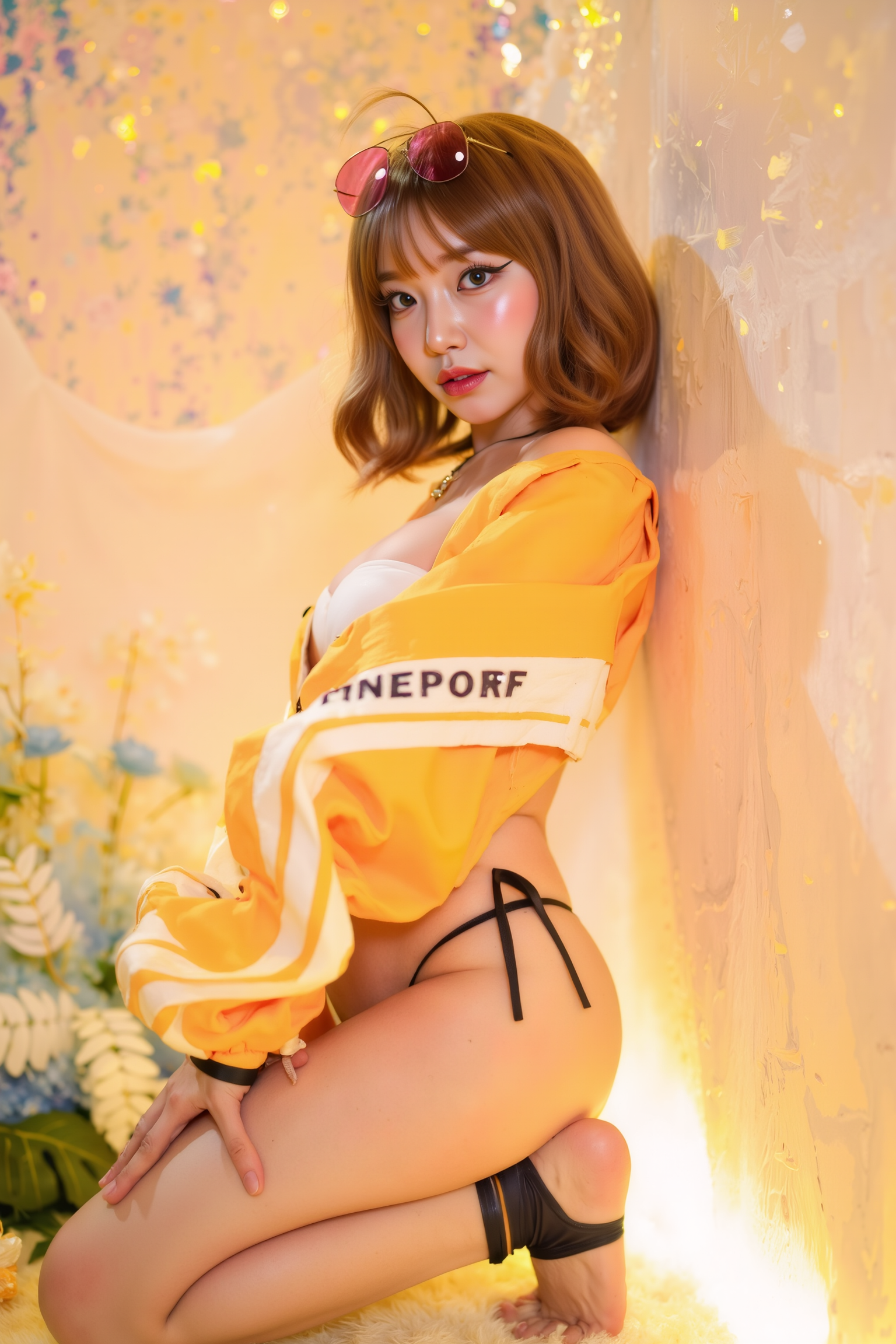 Professional high-resolution photograph featuring a young woman standing with her back slightly leaned against a clean, neutral-toned wall, one knee slightly bent, foot pressed softly against the wall. Her arms are relaxed at her sides or loosely folded, creating an effortlessly stylish yet composed pose. Gentle lighting emphasizes her elegant posture.

She is wearing a yellow and white SGWN77Clothing. Her makeup is dramatic, with dark eyeliner and bold, glossy pink lips. 

The lighting features a high-contrast, monochromatic white color scheme that creates a moody, intimate atmosphere. 

The photography technique uses what appears to be soft lighting to create a glamorous effect, with careful attention to highlighting contours while maintaining the dominant light brown color scheme throughout the frame.

The overall aesthetic combines elements of fashion photography, traditional Asian visual motifs, and contemporary boudoir styling. The dramatic light brown lighting creates a cohesive visual theme that ties all elements of the composition together.

The white light emit on her to show her feature.