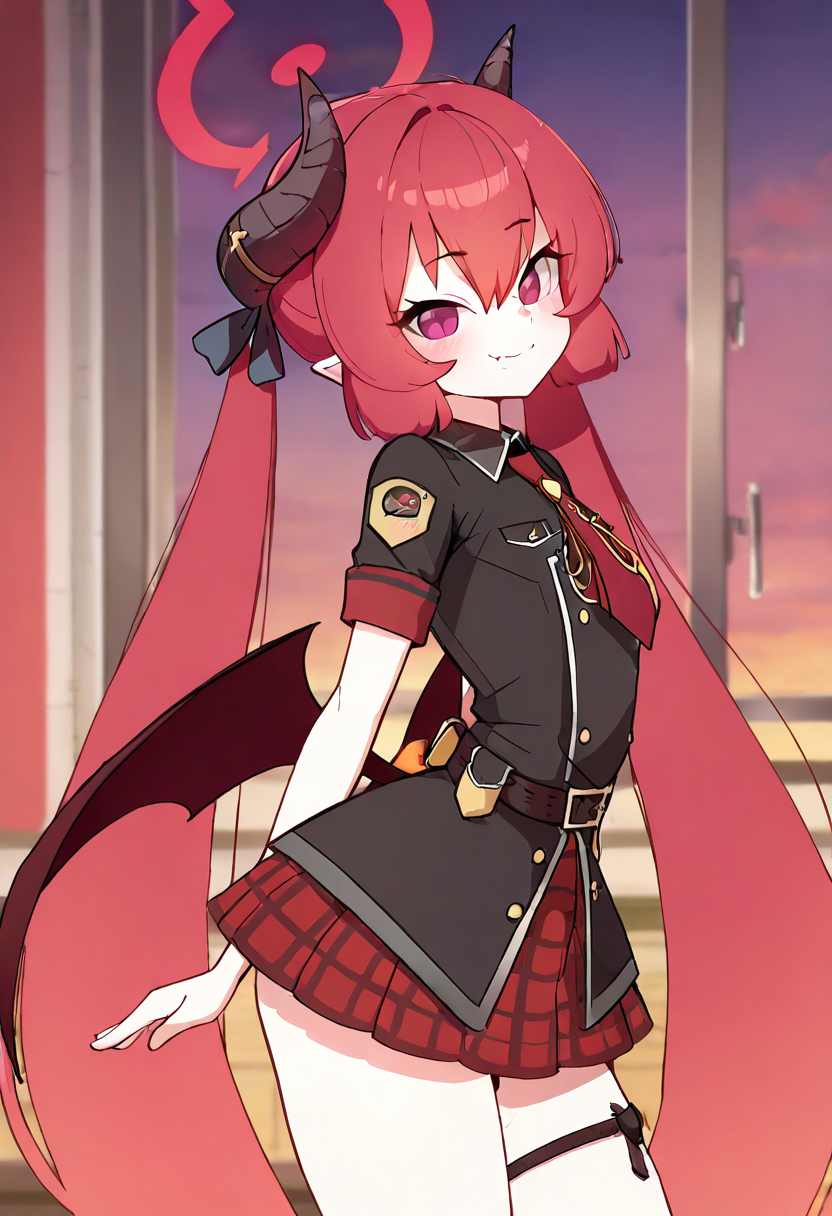 masterpiece, best quality, solo, curvy, beautiful eyes,  narrow waist, wide hips, zzJunko, red eyes, red halo, red hair, horns, long hair, twintails, halo, demon horns, pointy ears, wings, hair between eyes, demon wings, very long hair, black horns, low wings, ribbon black shirt, pleated skirt, red skirt, short sleeves, plaid skirt, red necktie, thigh strap, belt, fang, black footwear, boots,  ,       <lora:JunkoBlueArchiveIXL:1.0>, , smile, looking at viewer, side view, upper body,  <lora:DiivesIXL:1.0>,