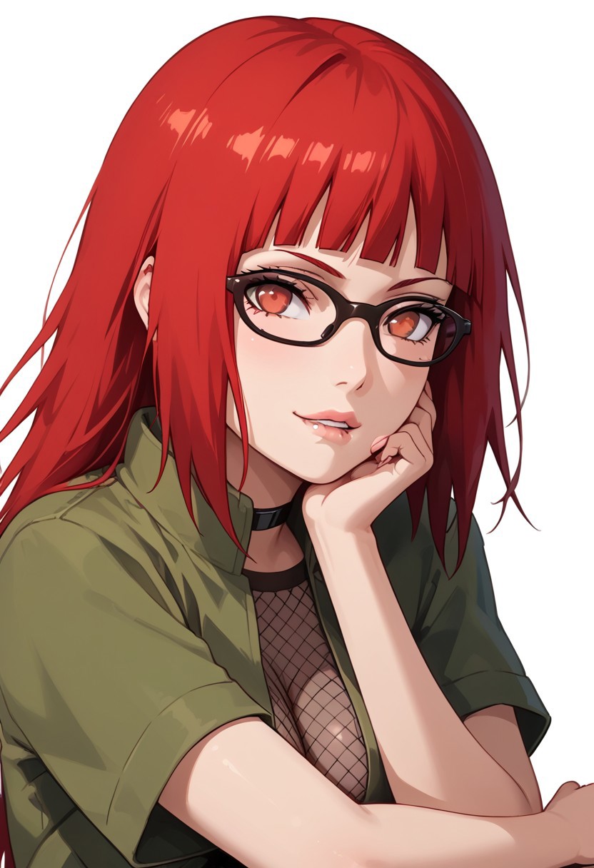 score_9, score_8_up, score_7_up, score_6_up, 1girl, karin uzumaki, genin, \(Naruto\), red eyes, red hair, glasses, perfect face, detailed eyes, perfect eyes, sexy, sexy girl, beautiful eyes, Fishnet top, fishnets, fishnet tights, green jacket, short sleeves, kusagakure symbol, petite body, perfect cute face, medium breasts, (armrest), light smile, seductive, biting own lip, portrait, close up