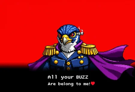 Retro 16-bit game screenshot from 16BITGAME where
The image has a solid red background on top and 3/4 bottom is solid black where the text "B@tFalcon: all your BUZZ are belong to me" is written, in the middle of the image an anthropomorphic humanoid peregrine falcon with a military uniform with a purple cape flowing, in a bust portrait, looks straight at the viewer, the right eye has cyborg parts