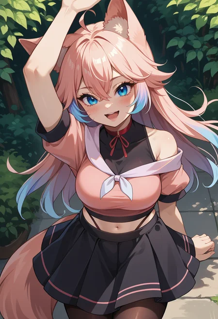 score_9, score_8_up, source_anime, 1girl, solo, NayamiPF, animal ears, blue eyes, multicolored hair, long hair, hair between eyes, ahoge, tail, red choker, white neckerchief, pink shirt, short sleeves, crop top, single bare shoulder, black undershirt, shoulder cutout, midriff, navel, highleg panties, black skirt, black pantyhose, happy, blush, arm up, from above, open mouth, outdoors, wide shot, <lora:ChamNayamiPeachfoxPonyXL:1>