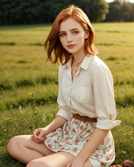 intense stare at viewer, large round eyes, wide cinematic establishing shot seductive young woman sitting having picnic under tree, (bra, young adult irish redhead:1.15), (style of Alessio Albi:1.4), Realist Portraiture, Soft Lighting, Emotional Depth, Simple Compositions, (Layered Depth, Soft focus foreground, Painted Scenery:1.1), alluring feminine physique, 24yo B34U71FU1_CA3LIA attractive irish redhead, short backlit hair, perfect face, thin upper lip, pouting lower lip, thin brows, small upturned nose, bow-shaped lips, large expressive almond shaped eyes, Raised Eyebrows, Focused Gaze, eager expression, quaint farm setting, (relaxed country woman), (tight unbuttoned shirt, thin material), subsurface scattering, classic cotton, soft pastel, intricate embroidery collar cuffs, rolled-up sleeves revealing sun-kissed forearms BREAK (blanket:1.15), rich textures, patchwork design, vibrant colors, detailed stitching, homely aesthetic (skirt), elegant rustic charm, subtle floral pattern, linen, sways breeze BREAK ((wildflower wreath)), crown delicate chain necklace, small, intricate pendant, heart-shaped with floral theme, glowing subtly in the soft light, ethereal quality, [lens flare glinting], (mischievous yet content expression), lush green fields in the background, (soft, sunlit ambiance), simple leather boots, carefree hair  <lora:kodak_ultramax_400:0.8> golden hour, soft golden light, pastel sky, relaxed posture, natural smile, earthy colors, candid moment, trees and flowers in background, leading lines, depth of field, slightly off-center framing, warm tones, cinematic look, natural setting, editorial style, soft textures, subtle lighting, peaceful mood