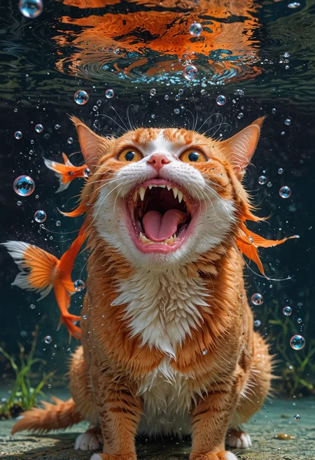 cat, making goofy faces under water, lie the wind is blowing in her open mouth bubbles wide. an annoyed goldfish swims by
<lora:EpicF4nta5yXL:0.8>