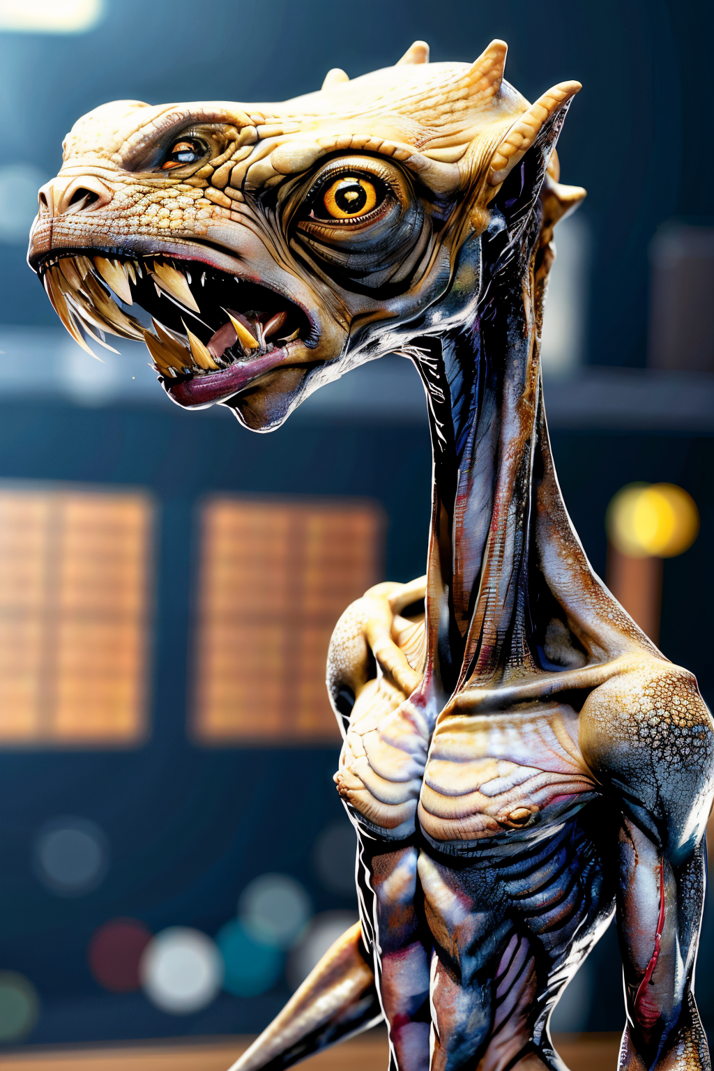 (Realistic:1.5) full body shot, long neck muscular veins standing yellow eyes 1girl day blurry eye focus  <lora:EdobAlienSpecies_v1.0:0.8>