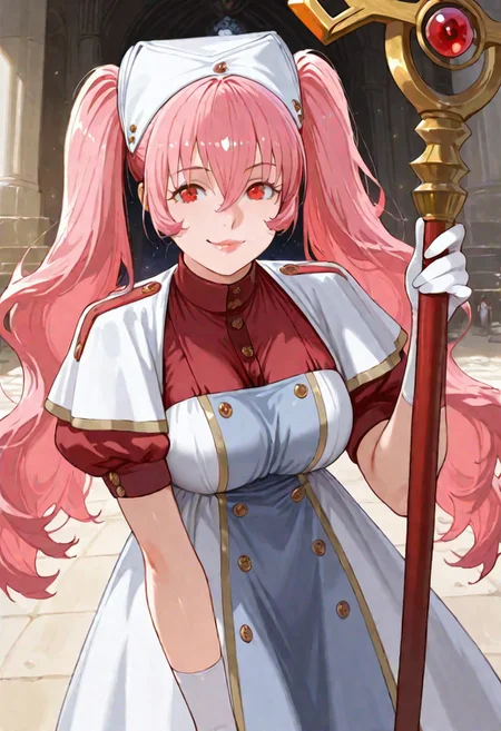 G0thicL1nes masterpiece, best quality, amazing quality, good quality,
heith velvet, long hair, pink hair, twintails, hair between eyes, red eyes, kind eyes, soft lips, luscious lips, lip gloss, gently smile, medium breasts, puffy sleeves, short sleeves, white gloves, 1girl, holding staff, looking at viewer, large breasts, dress, hat, indoor, temple,