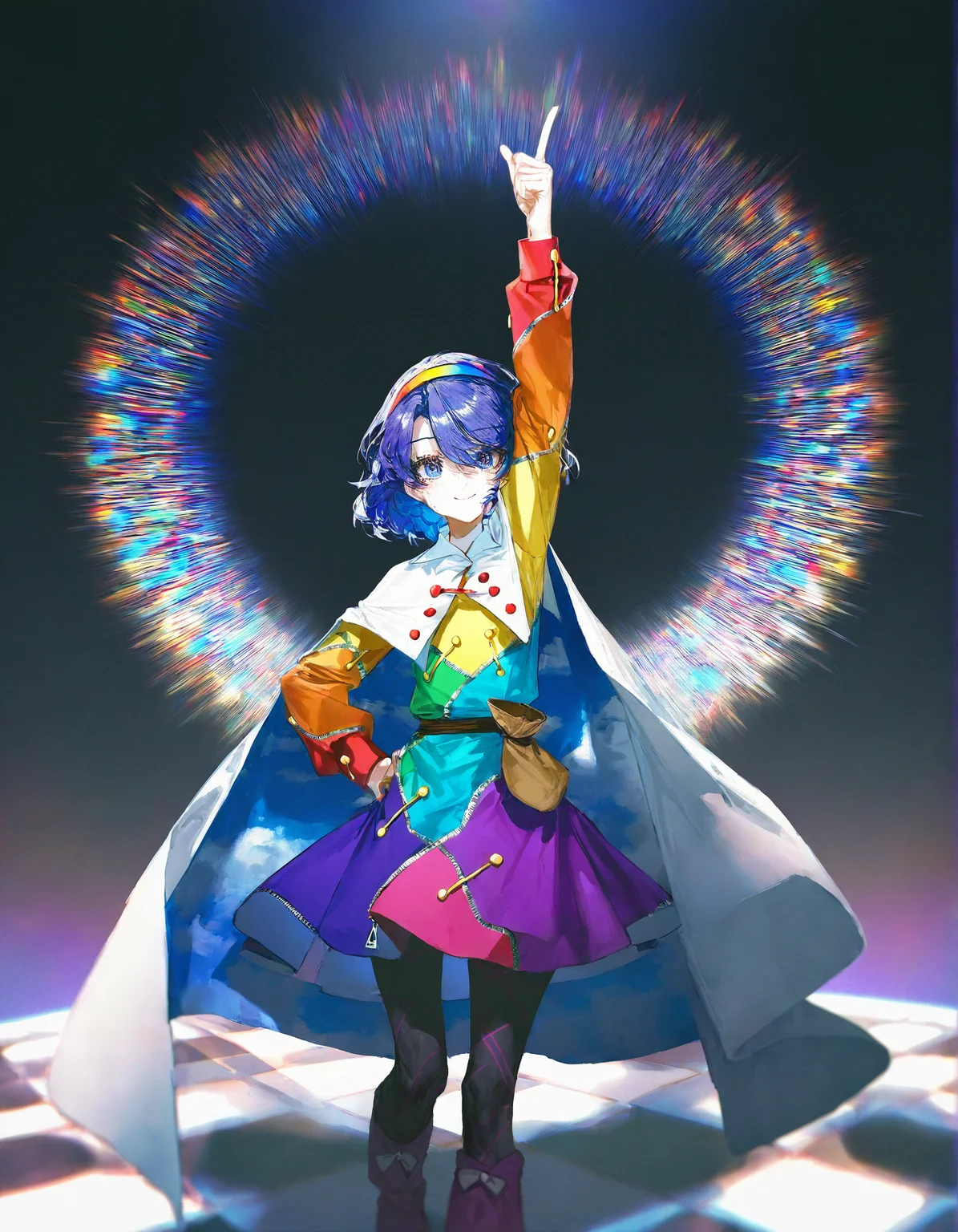 tenkyuu_chimata, 1girl ,rella, quasarcake:0.7, rolua, optical illusion, negative space, saturday_night_fever,blue_hair, breasts, cape, hairband , looking_at_viewer ,multicolored_hairband, pantyhose, purple_eyes ,short_hair ,smile, solo, sweat ,white_cape, disc, disco,CDs, arm_up , index_finger_raised, outstretched_arm , dance_floor, dancing,wide shot, one hand point to sky one hand point to the ground,hand_on_own_hip,
<lora:illustrious_noobai_epsilon_pred_1_best_quality_v1:0.7> ,<lora:illustrious_noobai_epsilon_pred_1_masterpieces_v1:0.7>, <lora:ponyv4_noob1_2_adamW:0.5>, <lora:add_details_xl:0.7>, <lora:CDs_SDXL:1>,
masterpiece, best quality, amazing quality, very aesthetic, absurdres, newest,