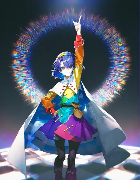 tenkyuu_chimata, 1girl ,rella, quasarcake:0.7, rolua, optical illusion, negative space, saturday_night_fever,blue_hair, breasts, cape, hairband , looking_at_viewer ,multicolored_hairband, pantyhose, purple_eyes ,short_hair ,smile, solo, sweat ,white_cape, disc, disco,CDs, arm_up , index_finger_raised, outstretched_arm , dance_floor, dancing,wide shot, one hand point to sky one hand point to the ground,hand_on_own_hip,
<lora:illustrious_noobai_epsilon_pred_1_best_quality_v1:0.7> ,<lora:illustrious_noobai_epsilon_pred_1_masterpieces_v1:0.7>, <lora:ponyv4_noob1_2_adamW:0.5>, <lora:add_details_xl:0.7>, <lora:CDs_SDXL:1>,
masterpiece, best quality, amazing quality, very aesthetic, absurdres, newest,