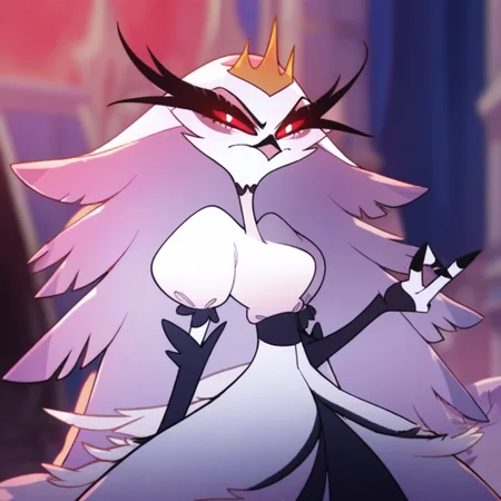 Stella, bird girl, beak, feathers, eyelashes, 1girl, crown, red eyes, white pupils, breasts, dress, looking at you, wallpaper, score_9, score_8_up, score_7_up