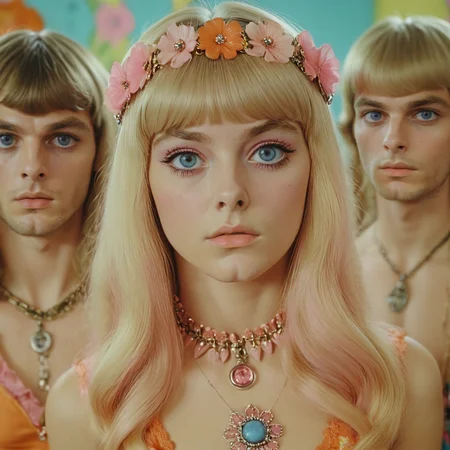 <lora:60s_Psychedelic_MovieSDXL:1> ArsMovieStill, movie still from a 60s psychedelic movie, The image is a close-up portrait of a young woman with long blonde hair and blue eyes. She is wearing a pink dress with a statement necklace that has multiple pendants and charms. Her hair is styled in two pink flower crowns on top of her head. She has a serious expression on her face and is looking directly at the camera. In the background there are two other young women one with blonde hair who are also wearing orange dresses. The background is blurred but it appears to be a colorful and vibrant room with a floral wallpaper., blonde hair, jewelry, blurry, long hair, multiple girls, necklace, flower, lips, hair ornament, bangs