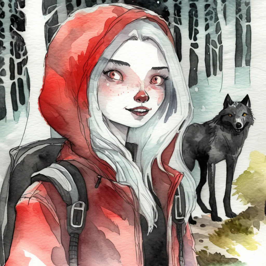 drawix3 close-up of a girl in a red coat, a forest path in the background, a forest and a wolf, watercolor in black ink, very detailed <lora:drawix3:0.9>