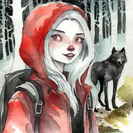 drawix3 close-up of a girl in a red coat, a forest path in the background, a forest and a wolf, watercolor in black ink, very detailed <lora:drawix3:0.9>