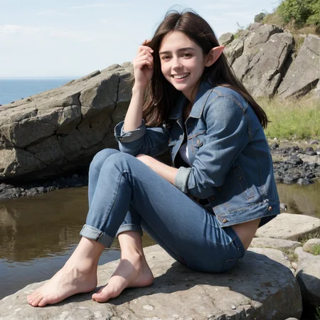 brunette cindyelfxl <lora:cindyelfxl:0.7> large pointed:2 ears Photograph of petite Cindy wearing jeans and a denim jacket, barefoot. sitting on a rock In the park. laughing