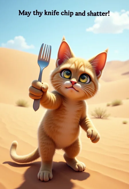 a cat holding a fork and pointing it towards the viewer, background has a sunny weather in desert, dune, cat is looking furious, aidmatextimprover, a text above the head of cat "May thy knife chip and shatter!"