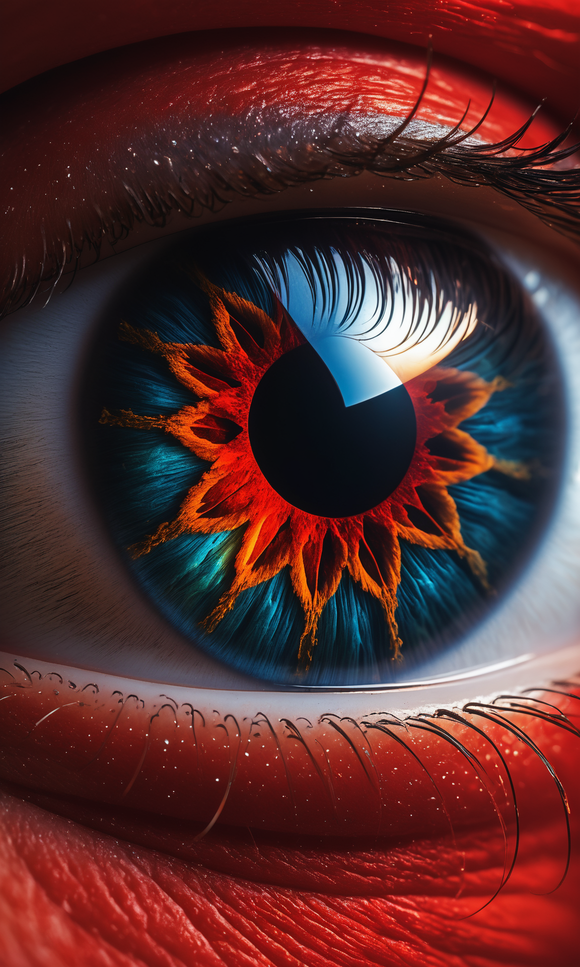 A macroscopic photo of a red human eye. 8k resolution, 4k image. HDR highly detailed. vivid. UHD, amazing depth, glowing rich colors, powerful imagery. Art by John Collier and Albert Aublet and Krenz Cushartore and Artem Demura and Alphonse Mucha <lora:Details:0.85>